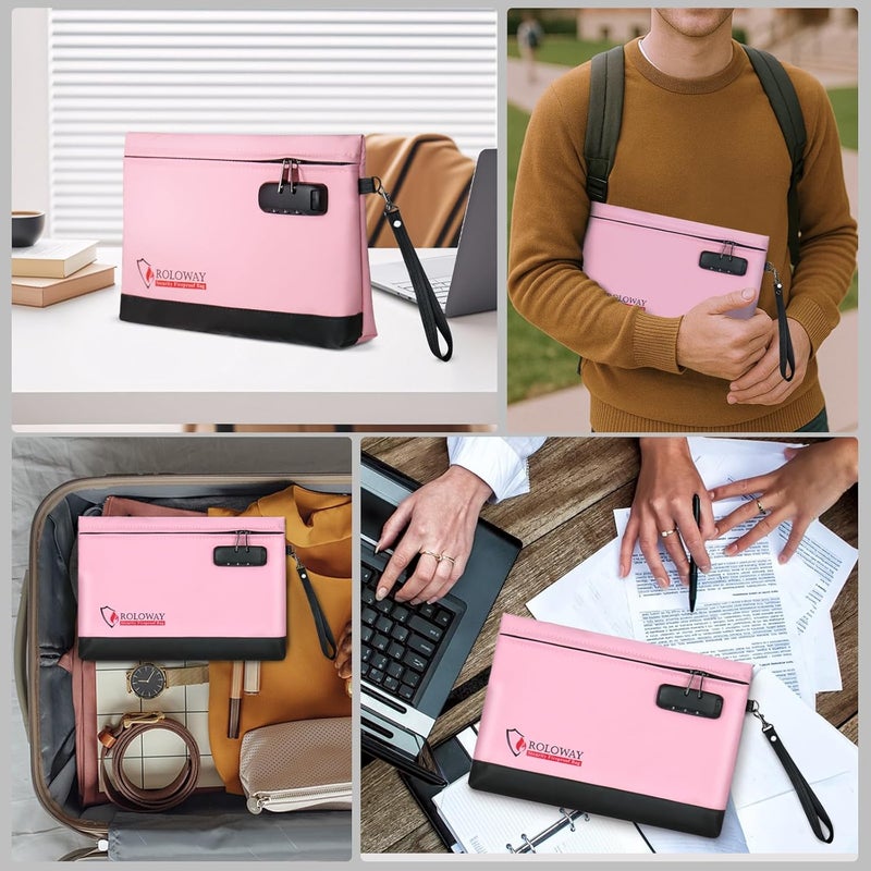 ROLOWAY Fireproof Money Bag with Lock for Cash, 6400°F Fire Proof Document Bag (12.2 x 8.5 x 1.6 inches), Money Pouch with Zipper (Pink) - Image 5